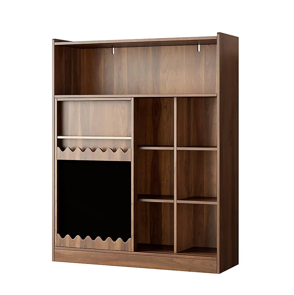 Bibliothèque avec tableau et portes coulissantes,120x38,5x151,5cm,couleur noyer, 9 compartiments et rangement pour livres d'images