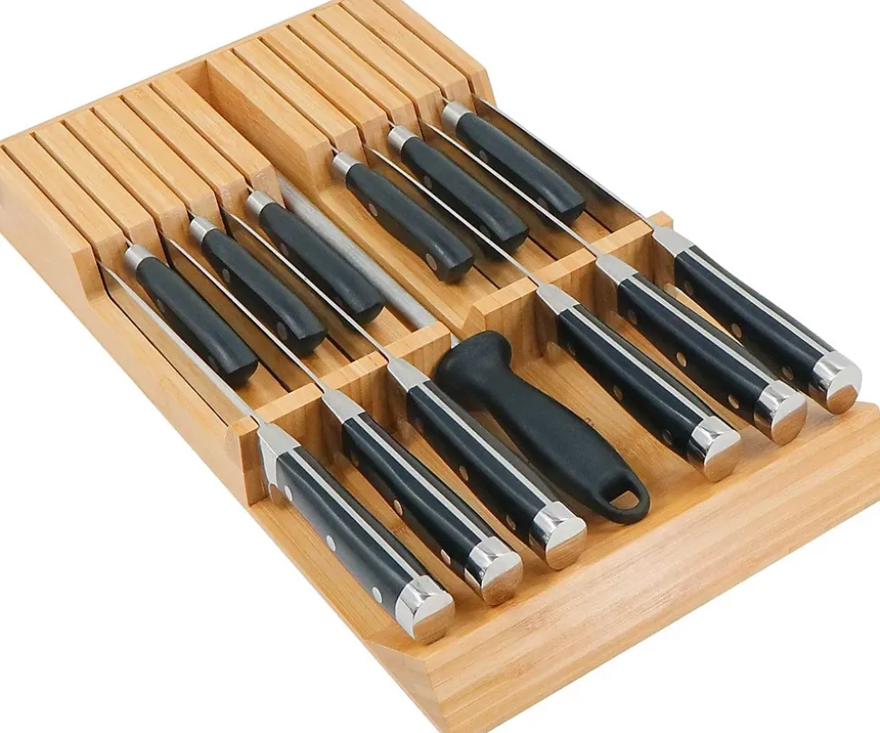 Bloc de Couteaux de Cuisine en Bambou avec Grande poignée (sans Couteau) pour 12 Couteaux et 1 aiguiseur Acier