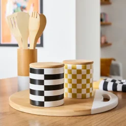 Bocal motif damier jaune et blanc avec couvercle Guy Levasseur