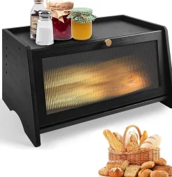 Boite a Pain Noir en Bambou avec Fenêtre pour Comptoir de Cuisine