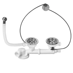 Bonde à panier avec commande à câble 90mm, trop-plein et siphon extra-plat blanc Wirquin