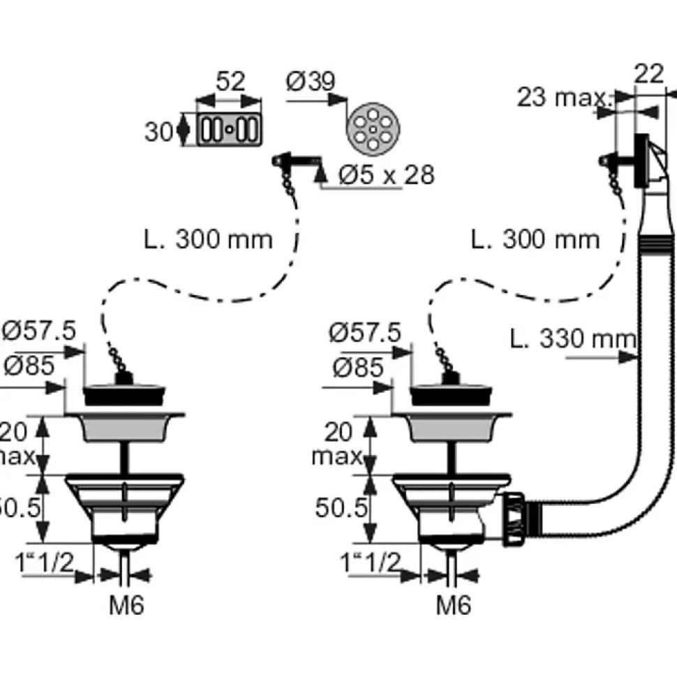 Bonde d'évier et trop plein - Valentin - Inox - diamètre60 mm