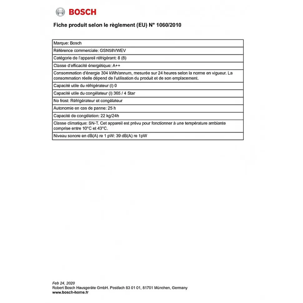 BOSCH Congélateur armoire 365 litres GSN58VWEV