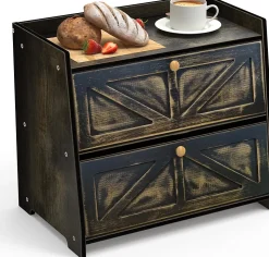 Boîte à pain en bambou à 2 étages - Pour plan de travail de cuisine 40 x 25 x 35 cm - Noir vieilli