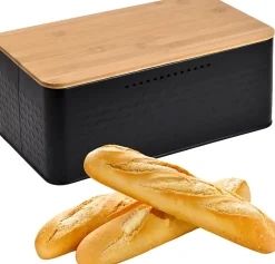 Boîte à Pain Grande Capacité avec Couvercle en Bambou 33 x 18 x 13.5 cm noir
