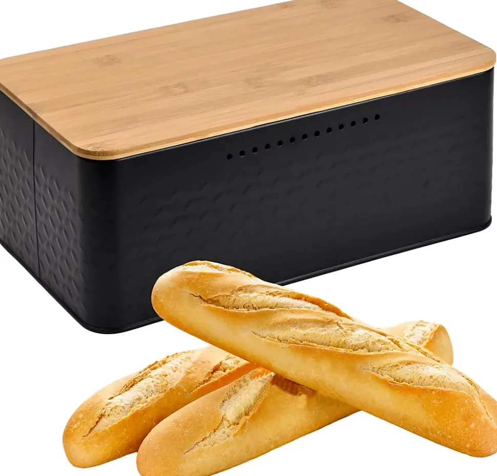 Boîte à Pain Grande Capacité avec Couvercle en Bambou 33 x 18 x 13.5 cm noir