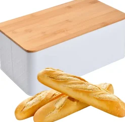Boîte à Pain Grande Capacité avec Couvercle en Bambou 33 x 18 x 13.5 cm blanc