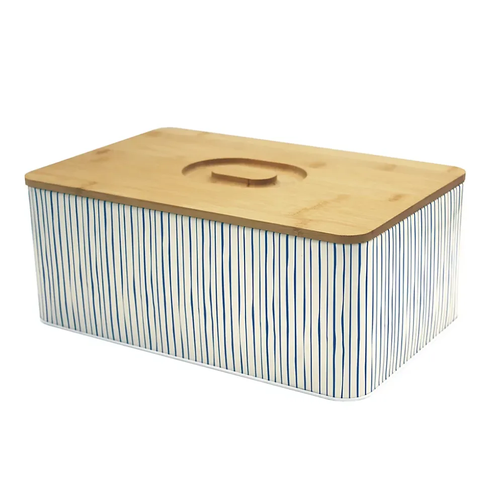 Boîte à pain rayée écru et bleu avec couvercle en bambou Box & Beyond