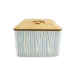 Boîte à pain rayée écru et bleu avec couvercle en bambou Box & Beyond