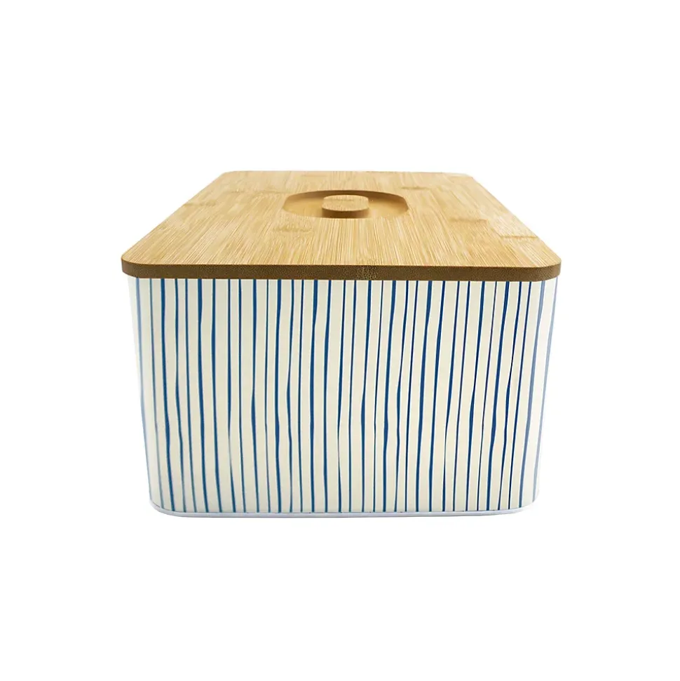 Boîte à pain rayée écru et bleu avec couvercle en bambou Box & Beyond