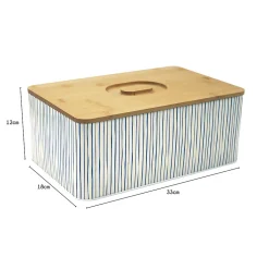 Boîte à pain rayée écru et bleu avec couvercle en bambou Box & Beyond