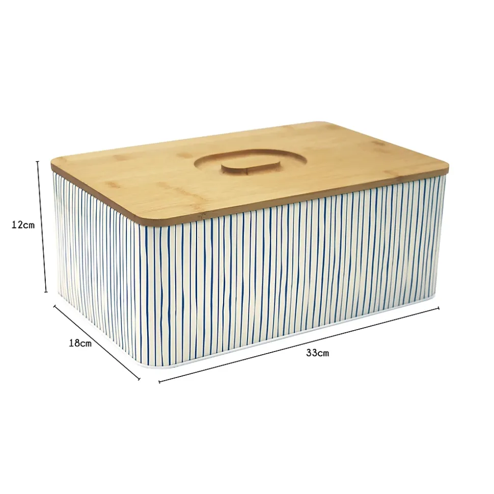 Boîte à pain rayée écru et bleu avec couvercle en bambou Box & Beyond