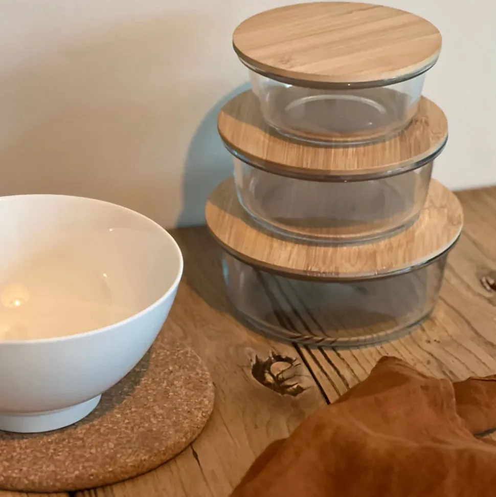 Boîte ronde en verre avec couvercle hermétique en bambou 0,34 L Ornami