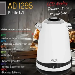 Bouilloire en métal Blanche Adler AD 1295 1,7 L avec écran LCD et contrôle de la température