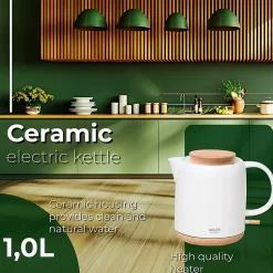 Bouilloire électrique Adler AD 1304 - en céramique, Capacité 1,0 L, 1200W - Protection automatique contre l'ébullition sans eau