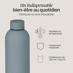 Bouteille, gourde isotherme chaud ou froid en acier inoxydable, réutilisable - 750 ml - Gris clair - Vivezen