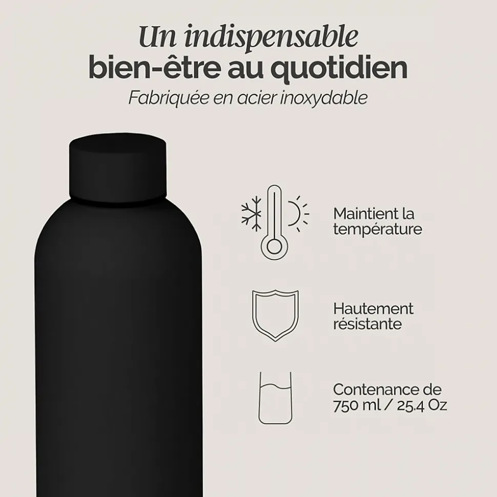 Bouteille, gourde isotherme chaud ou froid en acier inoxydable, réutilisable - 750 ml - Noir - Vivezen