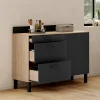 Buffet bas casserolier de cuisine 120 cm CINA plan de travail H.83 cm 1 porte + 3 tiroirs façon hêtre et noir