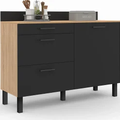 Buffet bas casserolier de cuisine 120 cm CINA plan de travail H.83 cm 1 porte + 3 tiroirs façon hêtre et noir