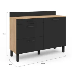 Buffet bas casserolier de cuisine 120 cm CINA plan de travail H.83 cm 1 porte + 3 tiroirs façon hêtre et noir