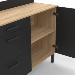 Buffet bas casserolier de cuisine 120 cm CINA plan de travail H.83 cm 1 porte + 3 tiroirs façon hêtre et noir