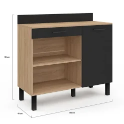 Buffet bas de cuisine 100 CM CINA plan de travail H.83 cm 1 porte + 1 tiroir façon hêtre et noir