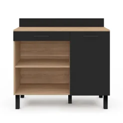 Buffet bas de cuisine 100 CM CINA plan de travail H.83 cm 1 porte + 1 tiroir façon hêtre et noir
