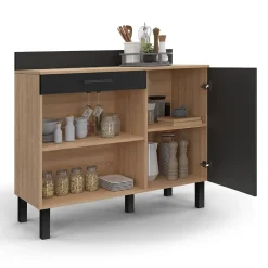Buffet bas de cuisine 100 CM CINA plan de travail H.83 cm 1 porte + 1 tiroir façon hêtre et noir