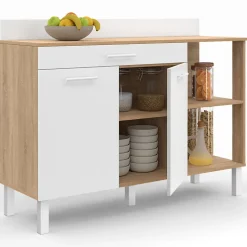 Buffet bas de cuisine 120 cm CINA plan de travail H.83 cm 2 portes + tiroir façon hêtre et blanc