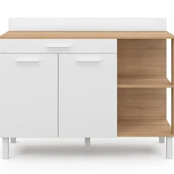 Buffet bas de cuisine 120 cm CINA plan de travail H.83 cm 2 portes + tiroir façon hêtre et blanc