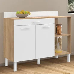 Buffet bas de cuisine 120 cm CINA plan de travail H.83 cm 2 portes + tiroir façon hêtre et blanc