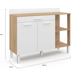 Buffet bas de cuisine 120 cm CINA plan de travail H.83 cm 2 portes + tiroir façon hêtre et blanc