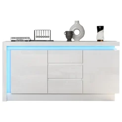 Buffet commode,140x35x72cm,blanc,3 tiroirs,étagères réglables,2 portes,LED brillant