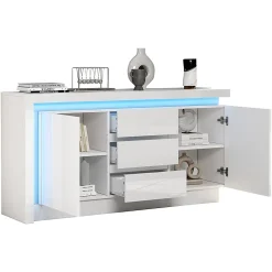 Buffet commode,140x35x72cm,blanc,3 tiroirs,étagères réglables,2 portes,LED brillant