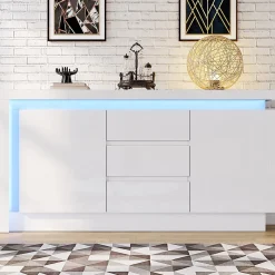 Buffet commode,140x35x72cm,blanc,3 tiroirs,étagères réglables,2 portes,LED brillant
