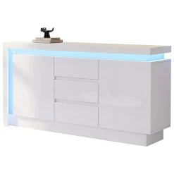 Buffet commode,140x35x72cm,blanc,3 tiroirs,étagères réglables,2 portes,LED brillant
