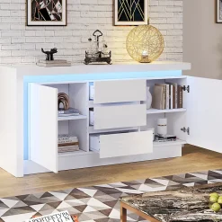 Buffet commode,140x35x72cm,blanc,3 tiroirs,étagères réglables,2 portes,LED brillant