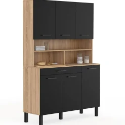 Buffet de cuisine 120 CM CINA 6 portes + tiroir façon hêtre et noir
