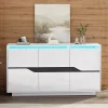 Buffet de salon 140x40x76cm, blanc+noir, 3 portes, séparateurs réglables, casiers larges sans poignées, brillant, LED