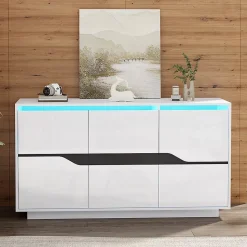 Buffet de salon 140x40x76cm, blanc+noir, 3 portes, séparateurs réglables, casiers larges sans poignées, brillant, LED
