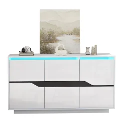 Buffet de salon 140x40x76cm, blanc+noir, 3 portes, séparateurs réglables, casiers larges sans poignées, brillant, LED