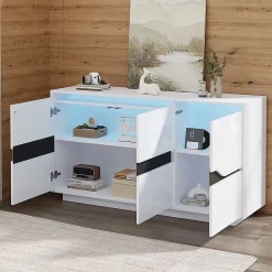 Buffet de salon 140x40x76cm, blanc+noir, 3 portes, séparateurs réglables, casiers larges sans poignées, brillant, LED