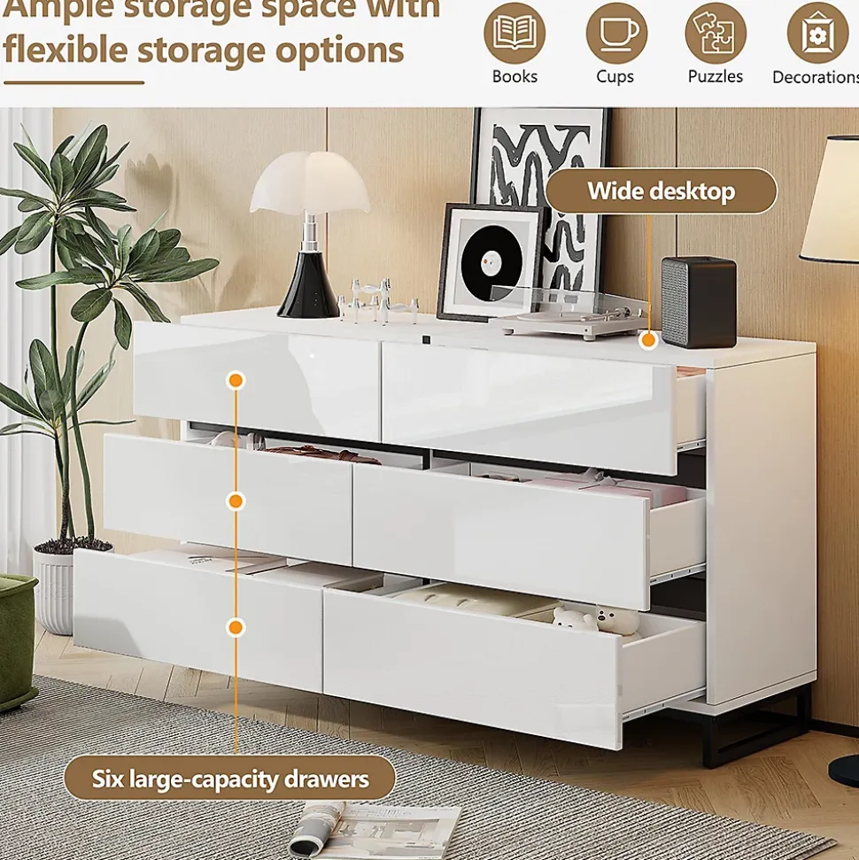 Buffet de salon 140x39,5x78,5cm,blanc+noir,6 tiroirs,3 pieds métalliques