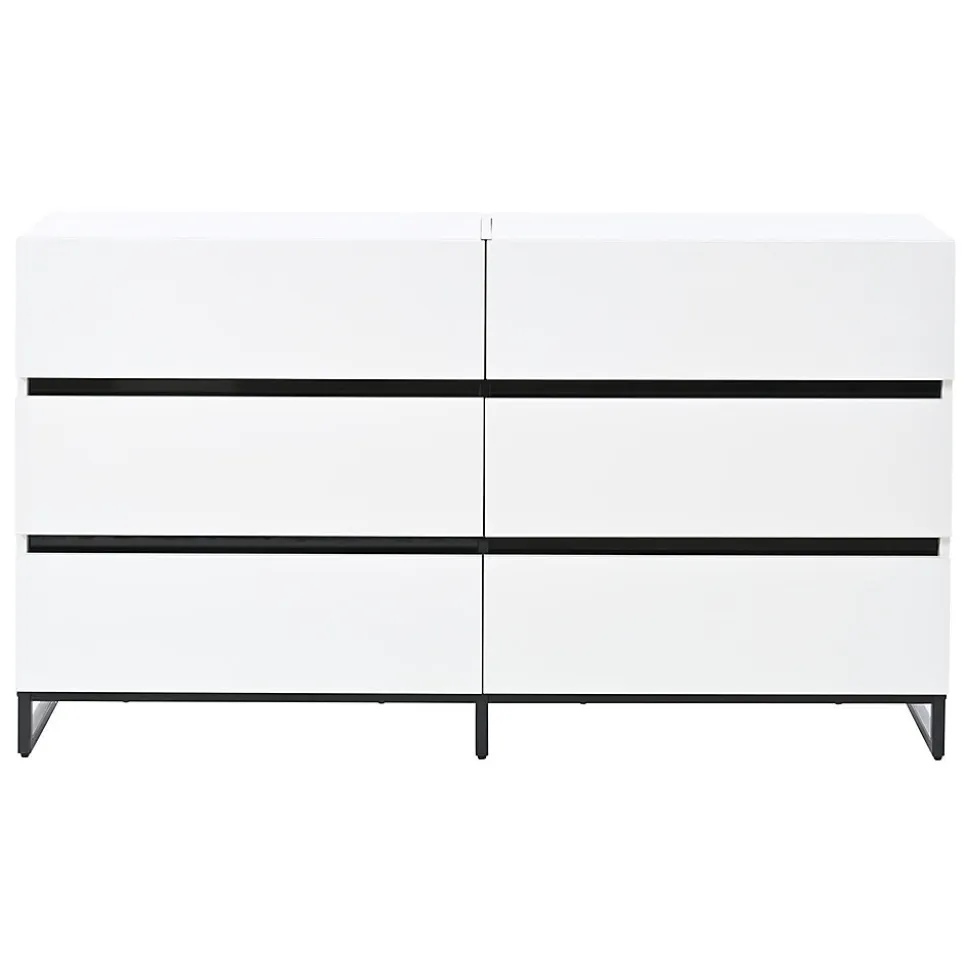 Buffet de salon 140x39,5x78,5cm,blanc+noir,6 tiroirs,3 pieds métalliques