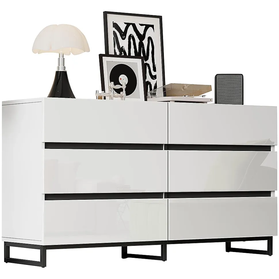 Buffet de salon 140x39,5x78,5cm,blanc+noir,6 tiroirs,3 pieds métalliques
