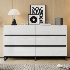 Buffet de salon 140x39,5x78,5cm,blanc+noir,6 tiroirs,3 pieds métalliques