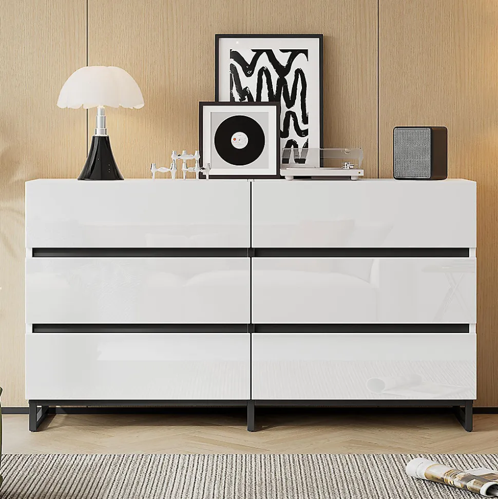 Buffet de salon 140x39,5x78,5cm,blanc+noir,6 tiroirs,3 pieds métalliques