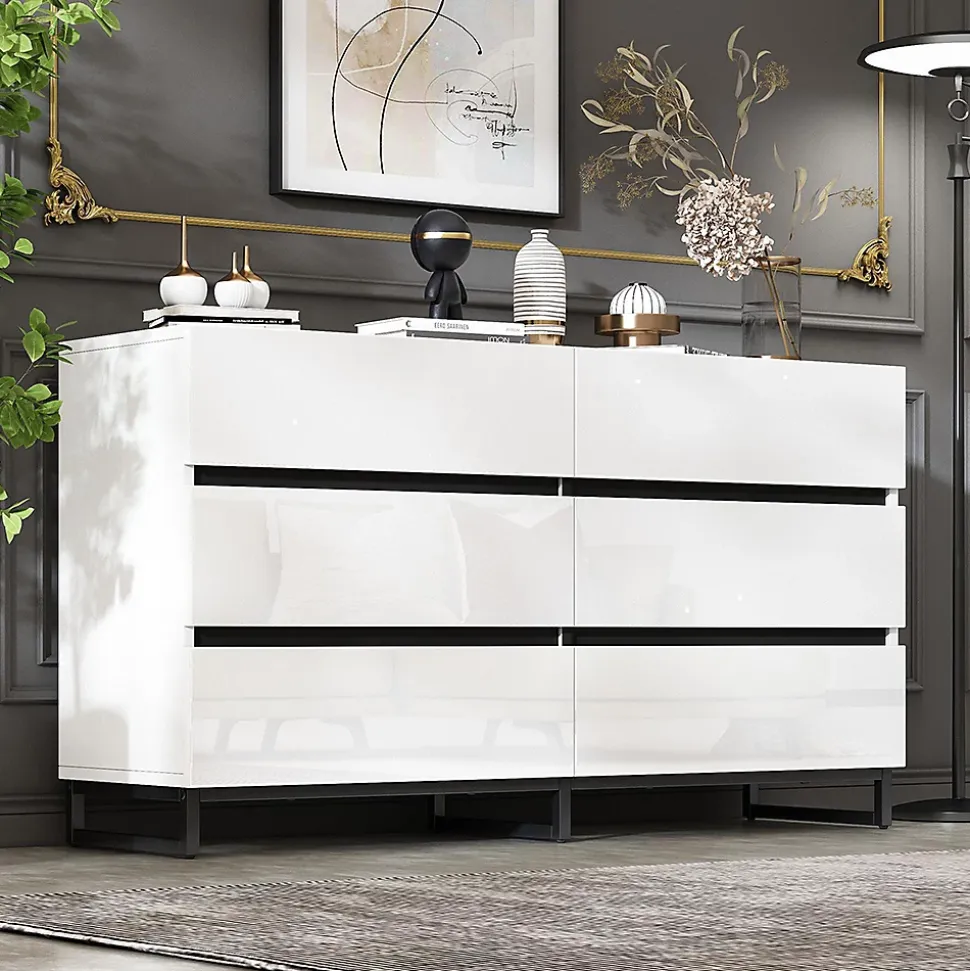 Buffet de salon 140x39,5x78,5cm,blanc+noir,6 tiroirs,3 pieds métalliques