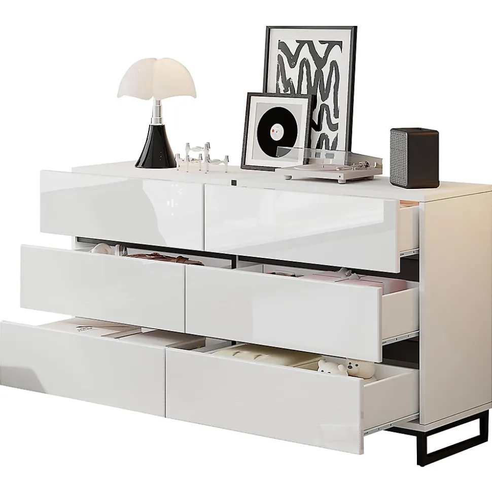 Buffet de salon 140x39,5x78,5cm,blanc+noir,6 tiroirs,3 pieds métalliques