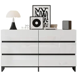 Buffet de salon 140x39,5x78,5cm,blanc+noir,6 tiroirs,3 pieds métalliques